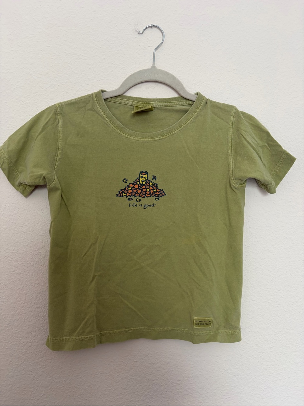 Life Is Good Olive Green Kids Short Sleeve Tee with Leaf Pile Graphic